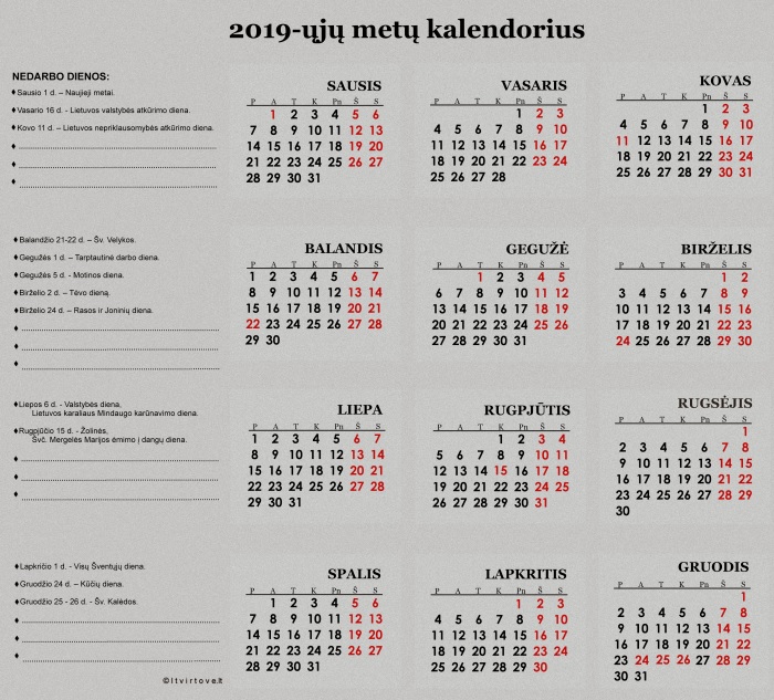 Kalendorius 2019 | 2019-ųjų metų kalendorius