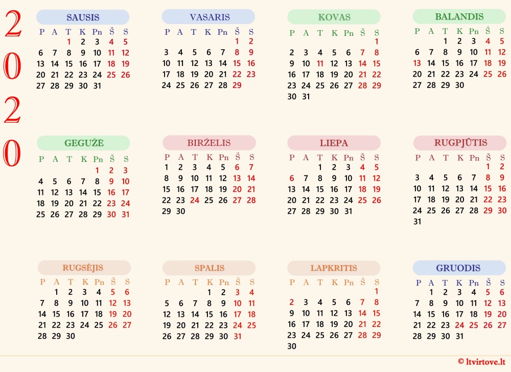 Kalendorius 2020 | 2020-ųjų metų kalendorius