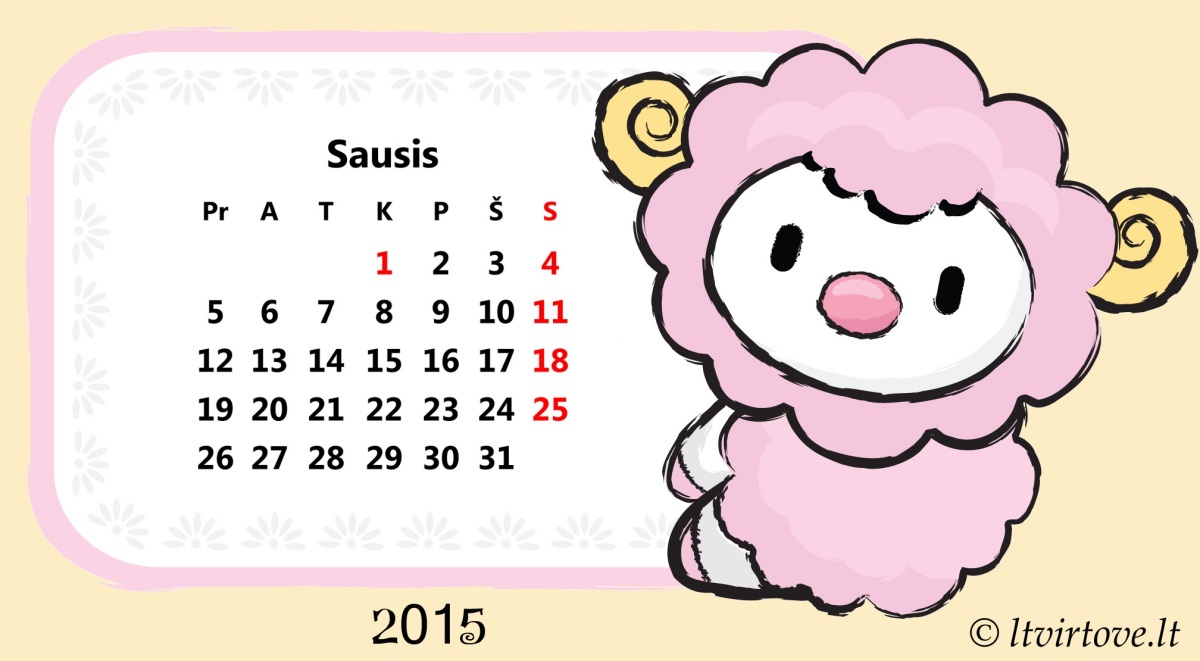 Sausio mėnesio kalendorius 2015 | 2015-ųjų metų sausio kalendorius